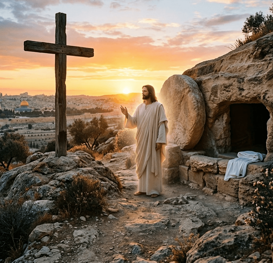 Wooden cross by stone tomb with round stone door rolled aside at sunrise