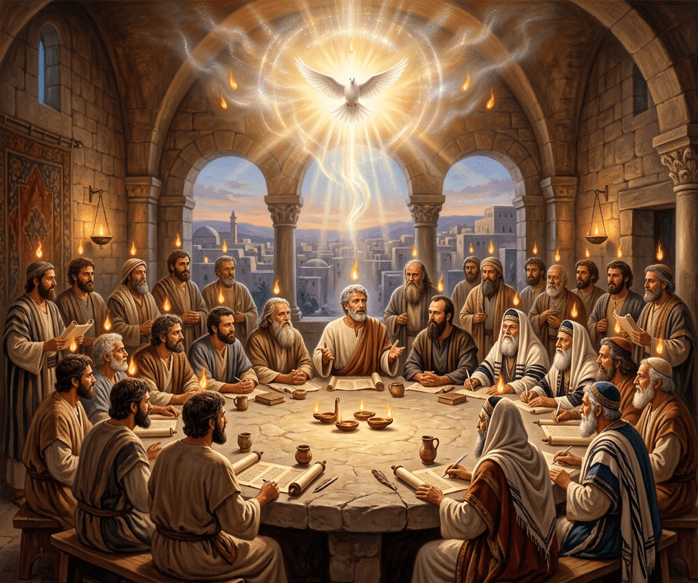 A group of apostles seated around a stone table with a glowing dove and flames symbolizing the Holy Spirit above them