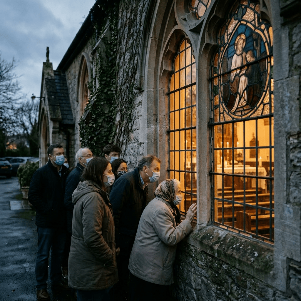 People looking through stained glass church windows at an indoor service