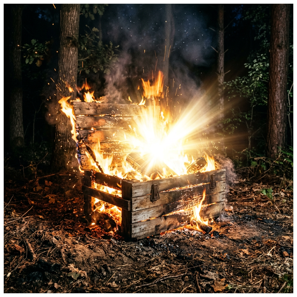 Wooden chest on fire with bright flames and sparks in forest at night