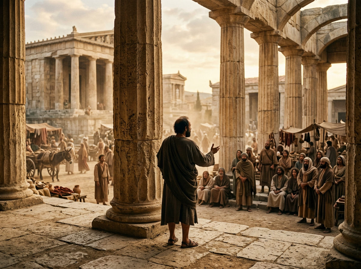 Ancient Corinth marketplace with humble apostle