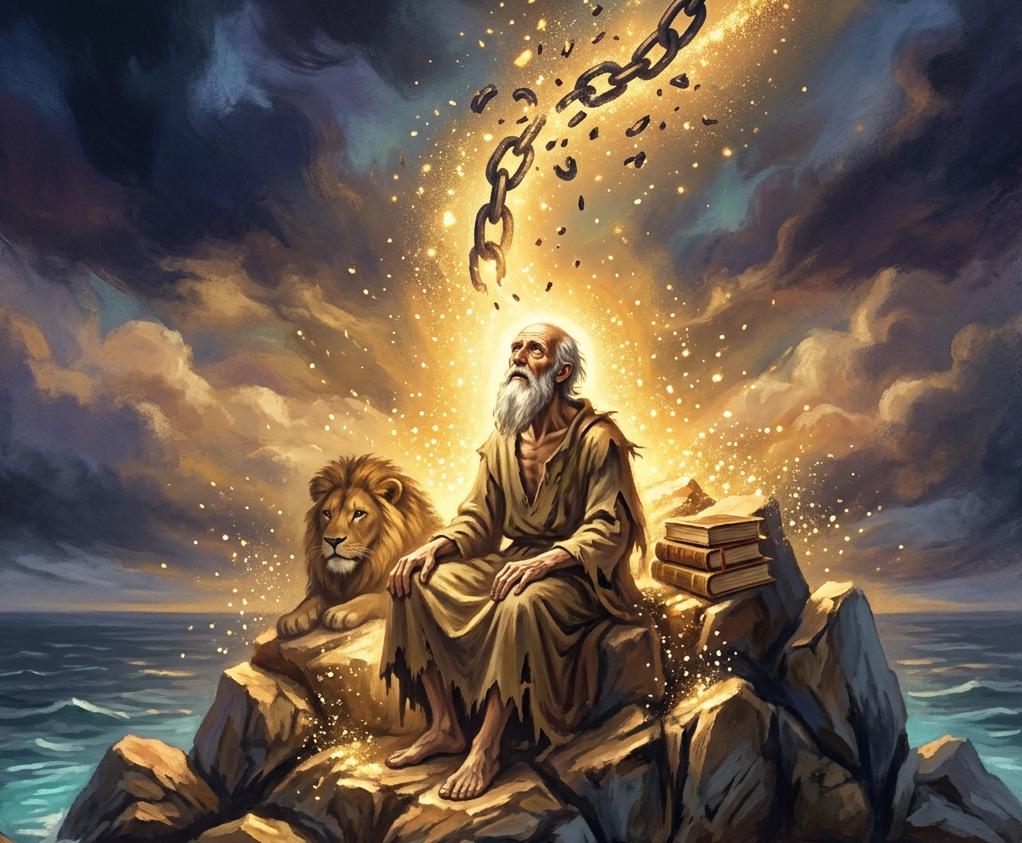 Broken chain glowing above a rock in stormy ocean waters