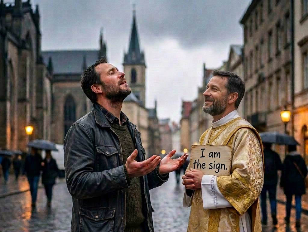 Two people converse on a rainy street; tote bag reads “I AM THE SIGN FROM GOD.”